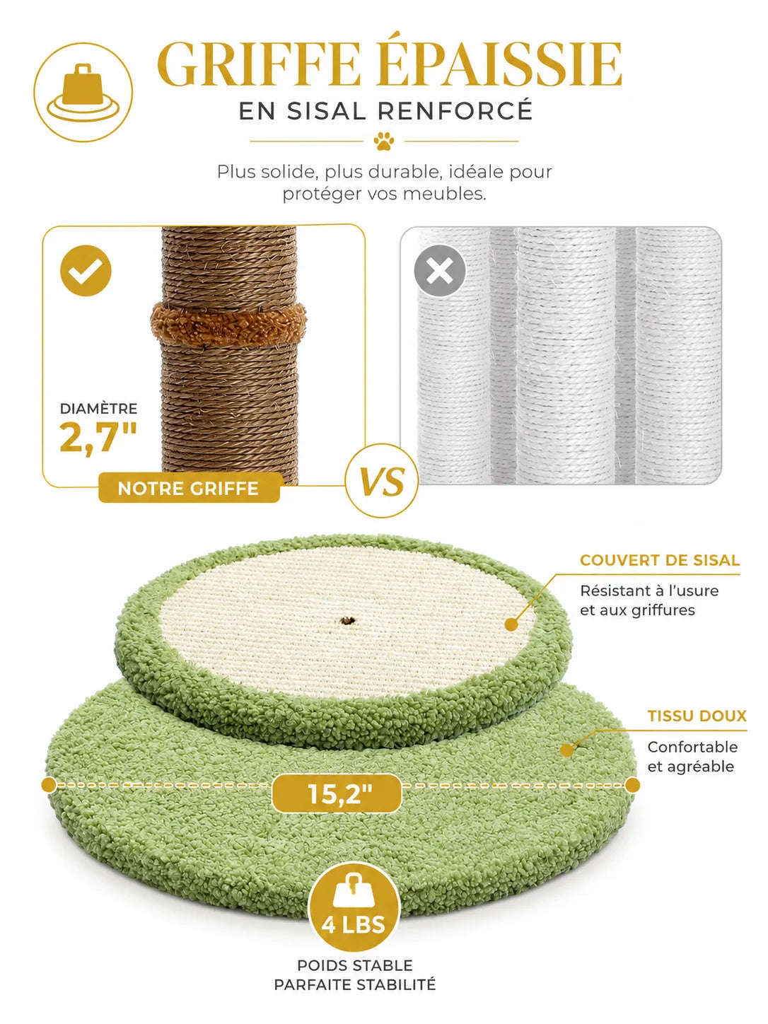 Sisal renforcé et base double stable du griffoir Palmésia