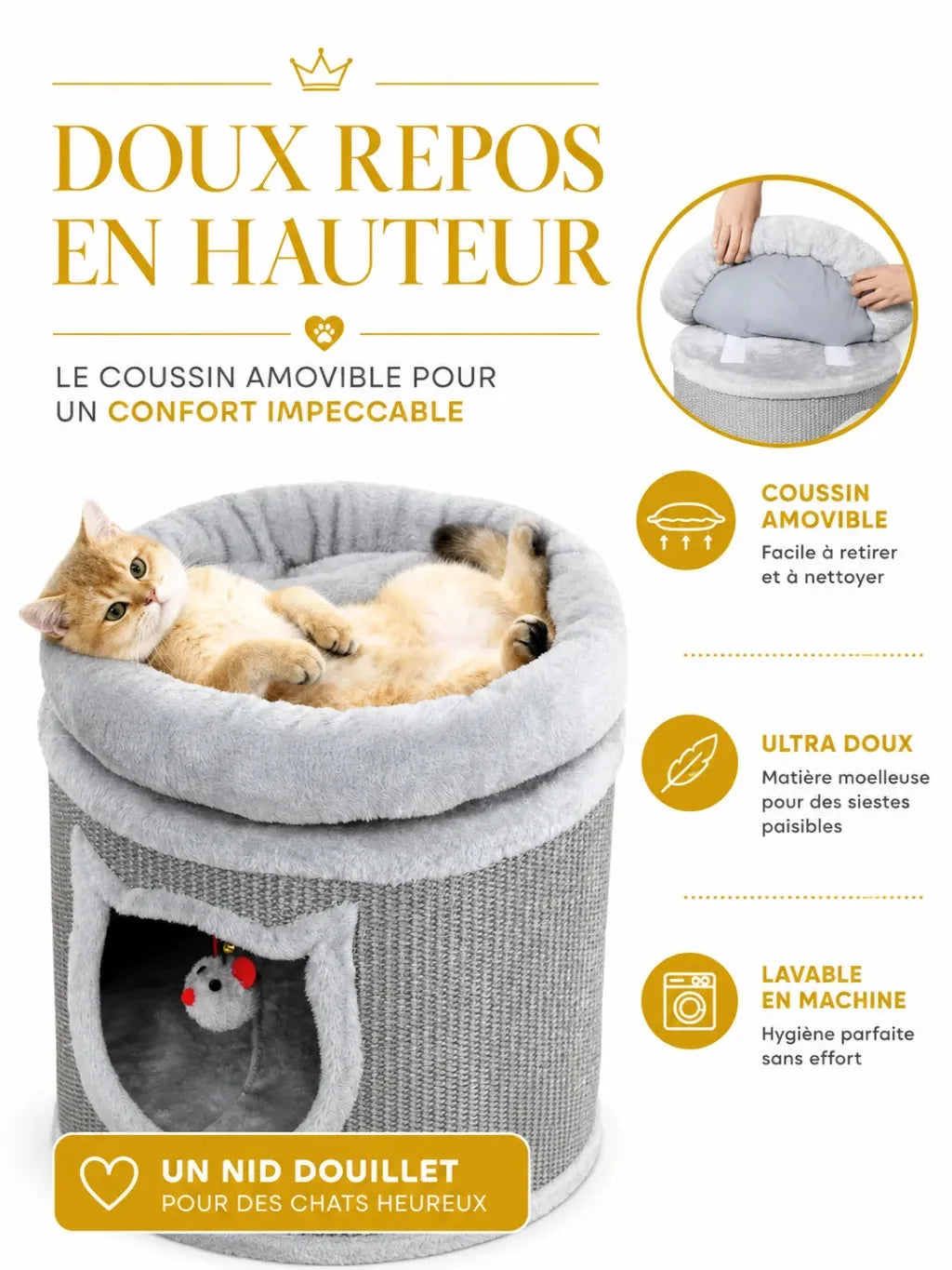 Coussin supérieur amovible et lavable du griffoir tonneau Tonnelia