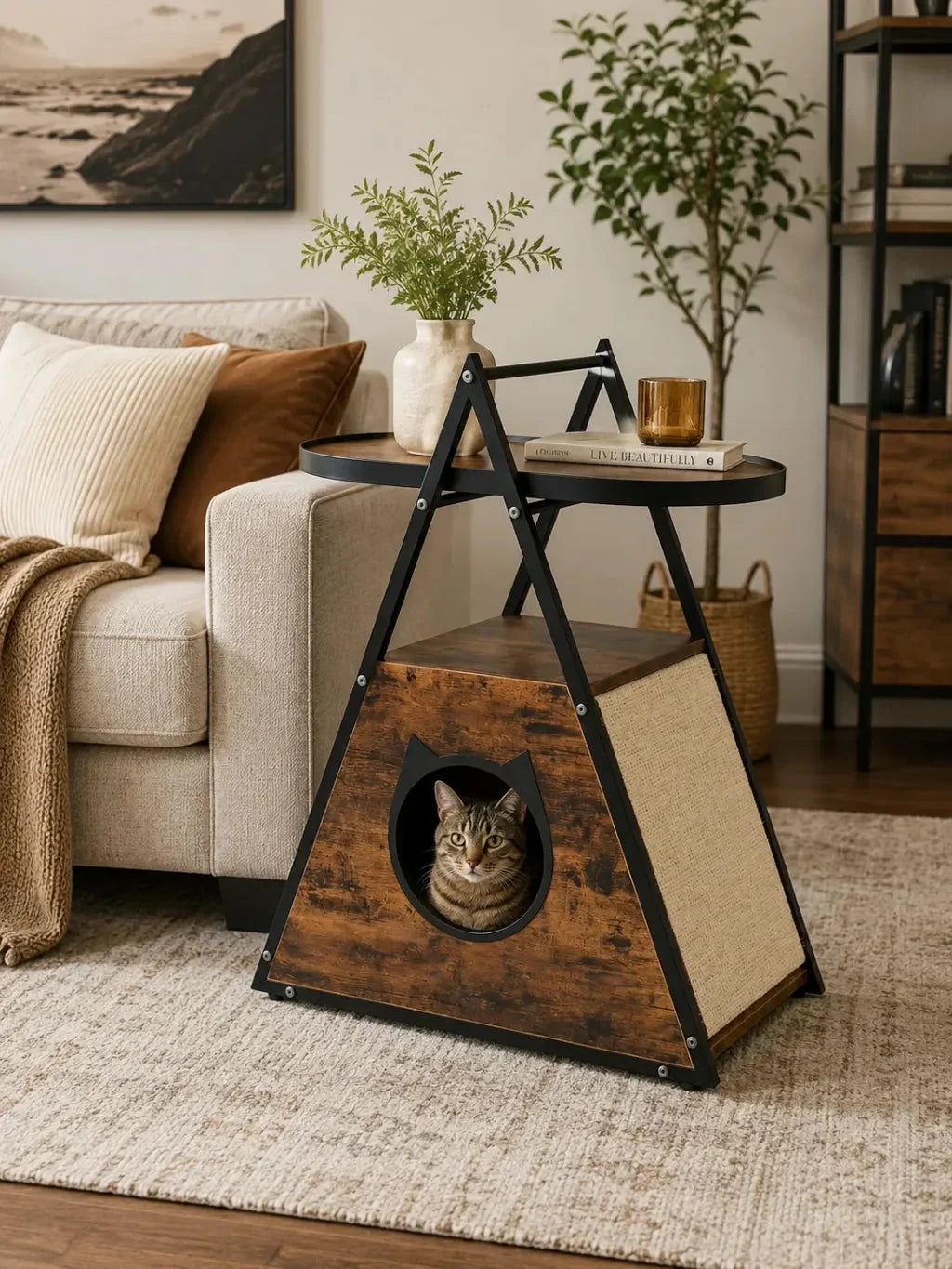 Meuble chat Servalia utilisé comme table d’appoint dans un salon