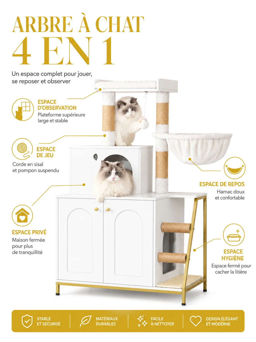 Fonctions 4-en-1 du meuble litière arbre à chat blanc Litiélia