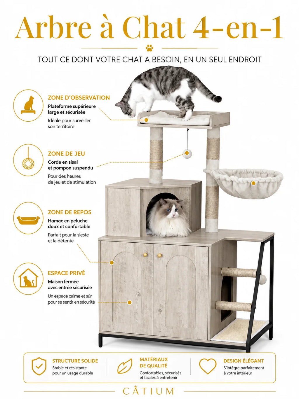 Fonctions 4-en-1 du meuble litière arbre à chat gris Privésia