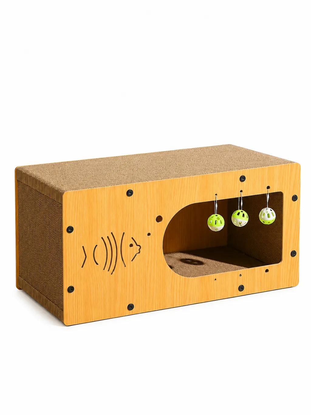 Niche griffoir chat Piscoria en bois naturel avec carton ondulé et clochettes suspendues