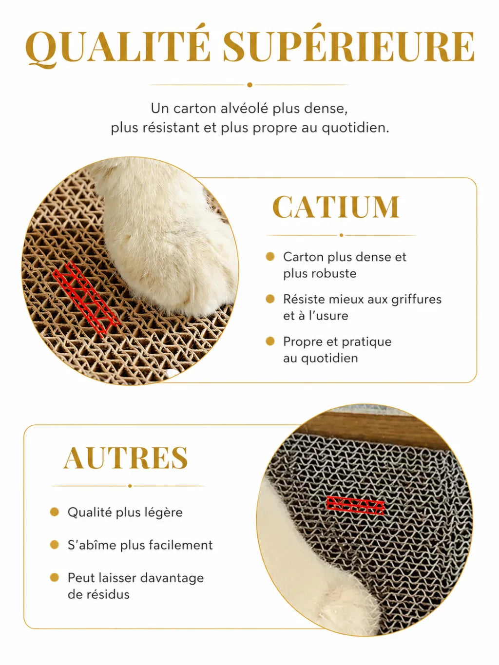 Détail du carton ondulé alvéolé de la niche griffoir Piscoria pour chat