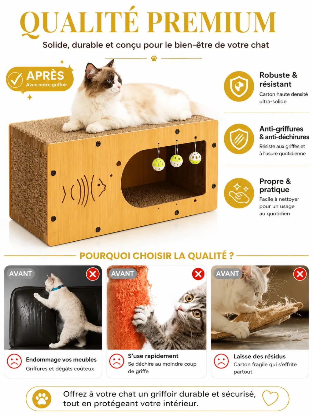 Niche griffoir chat Piscoria avec carton ondulé robuste pour protéger les meubles