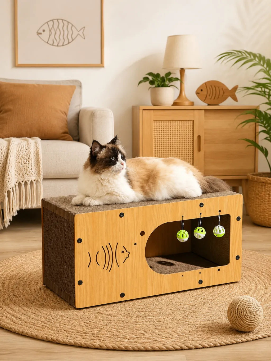 Chat couché sur la niche griffoir Piscoria en bois naturel dans un salon chaleureux