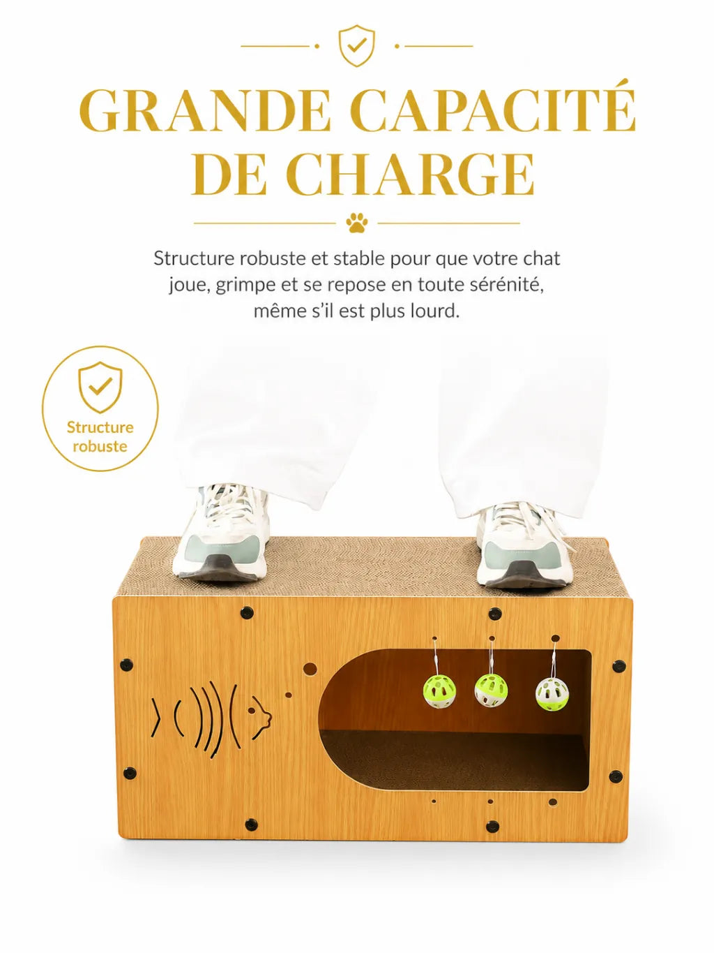 Niche griffoir chat Piscoria avec structure robuste en bois et carton ondulé