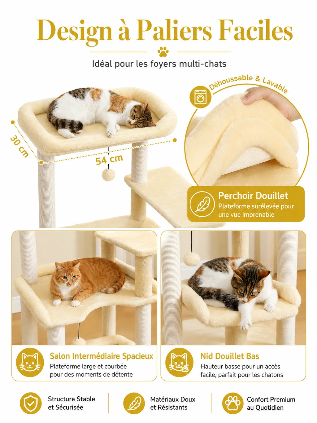 Paliers faciles et espaces douillets de l'arbre à chat beige 110 cm