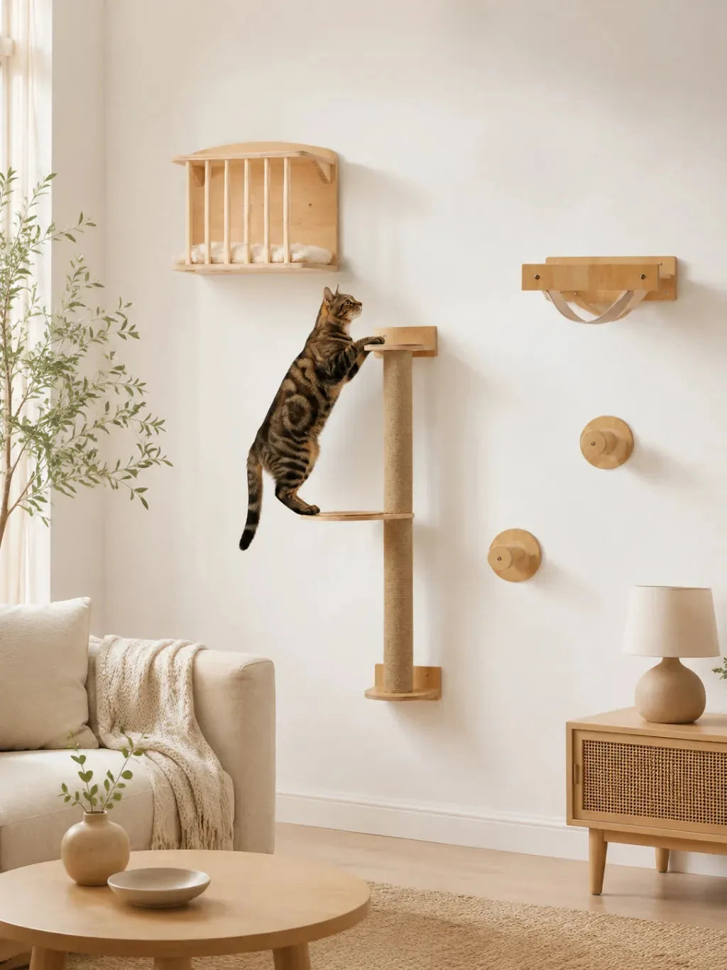 Parcours mural pour chat Climoria installé dans un salon