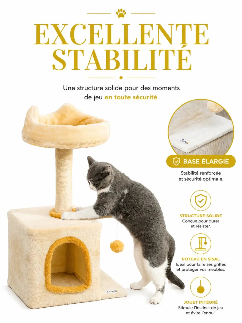Base de 40 × 30 cm et poteau central en sisal du petit arbre à chat beige Nautélia