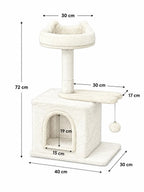 Dimensions du petit arbre à chat beige Nautélia : 40 × 30 × 72 cm avec niche et perchoir supérieur