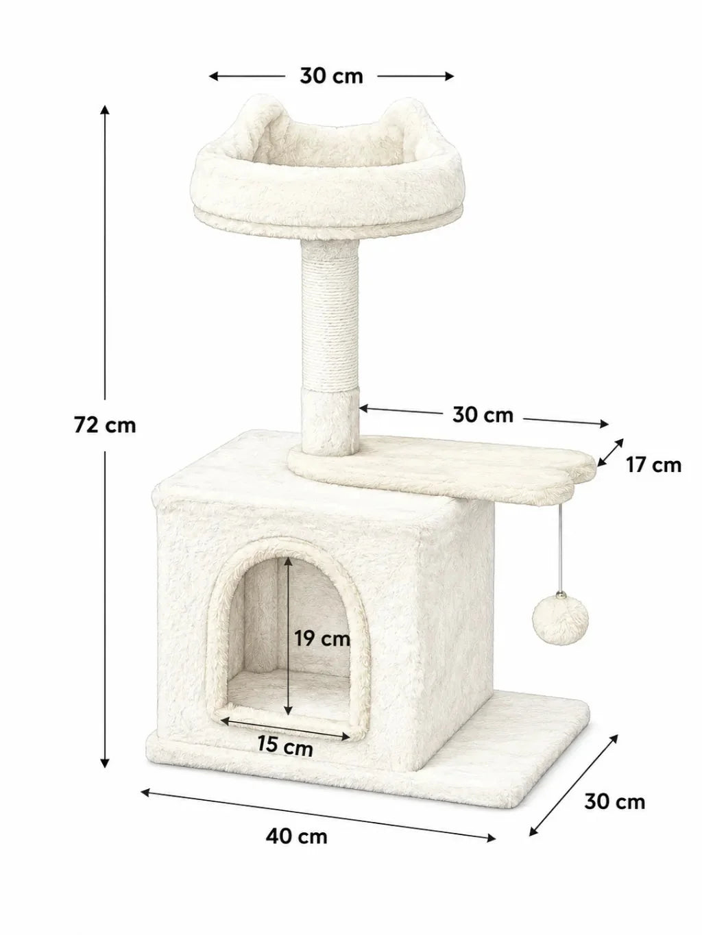 Dimensions du petit arbre à chat beige Nautélia : 40 × 30 × 72 cm avec niche et perchoir supérieur