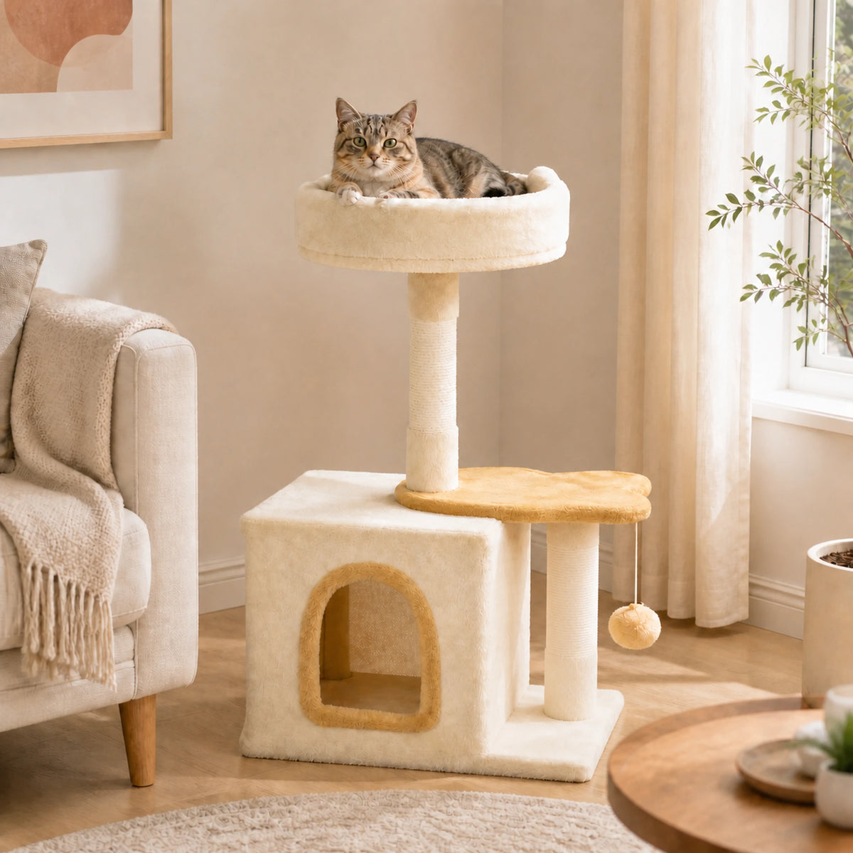 Petit arbre à chat beige Nautélia de 72 cm dans un salon avec un chat installé dans le perchoir supérieur