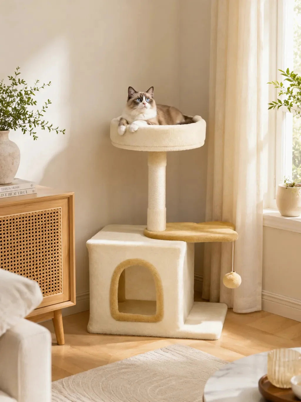 Petit arbre à chat beige Nautélia installé dans un salon avec un chat couché dans le perchoir supérieur
