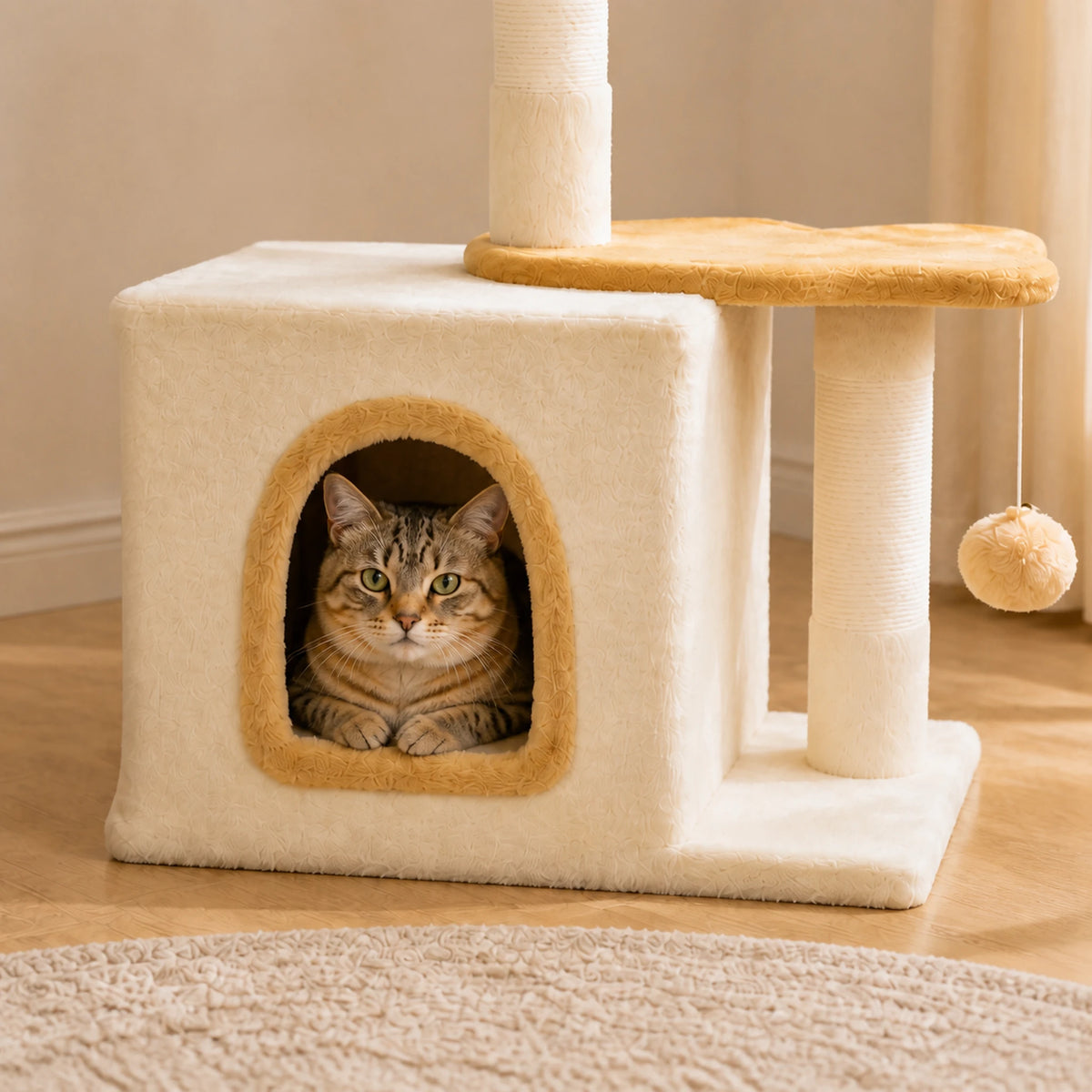 Chat au repos dans la niche du petit arbre à chat beige Nautélia avec plateforme poisson et balle suspendue