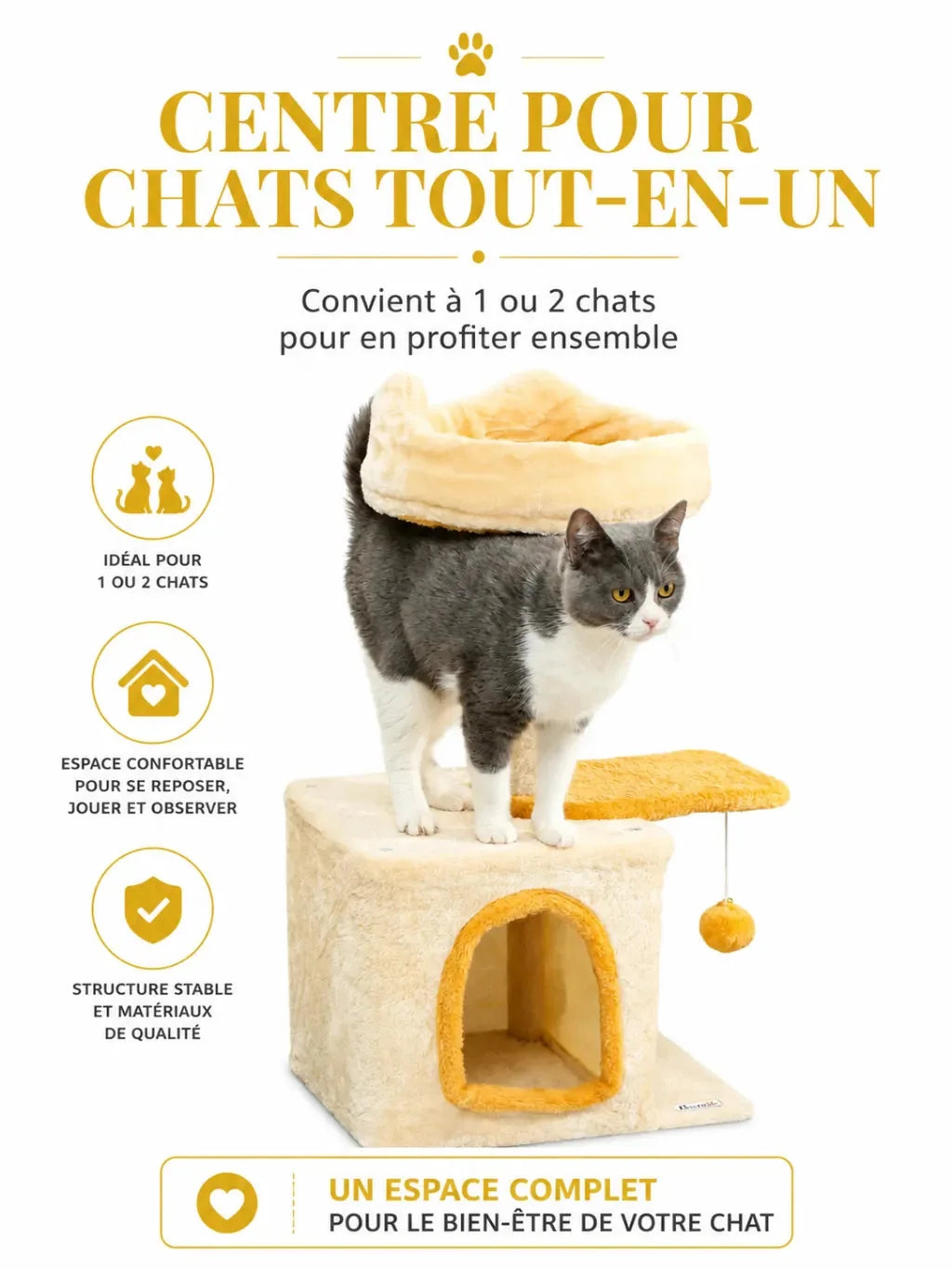 Niche, perchoir et plateforme poisson du petit arbre à chat beige Nautélia sur une base compacte