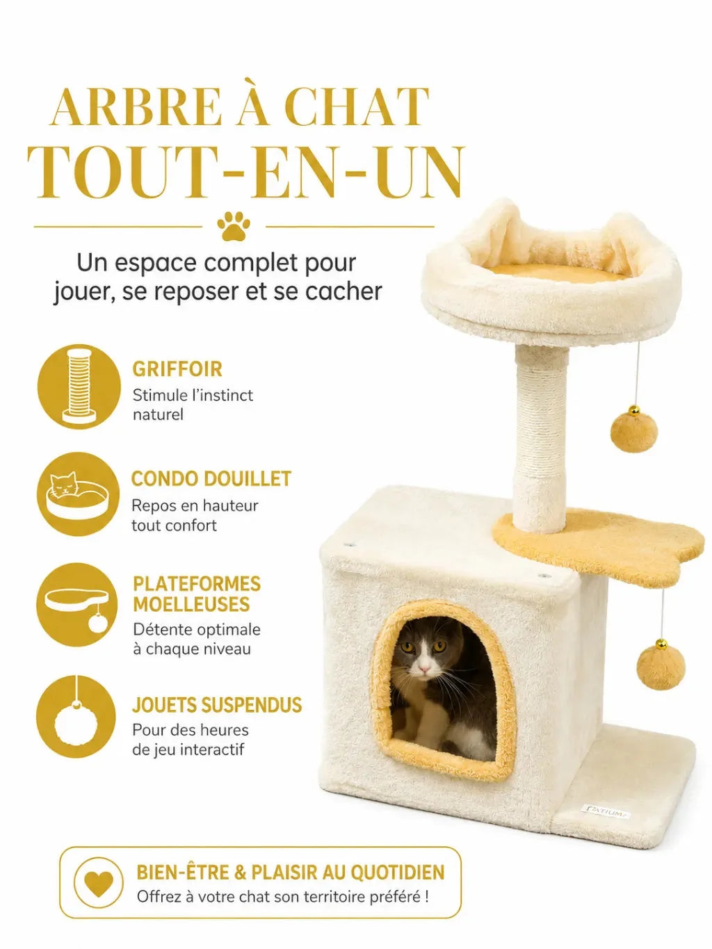 Poteau en sisal, plateforme poisson et balle suspendue du petit arbre à chat beige Nautélia