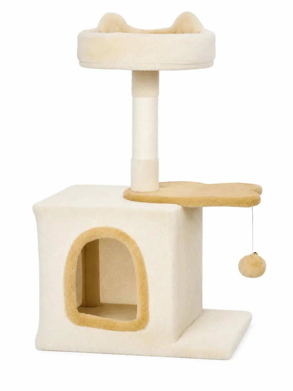 Petit arbre à chat beige Nautélia de 72 cm avec niche, perchoir supérieur et plateforme poisson