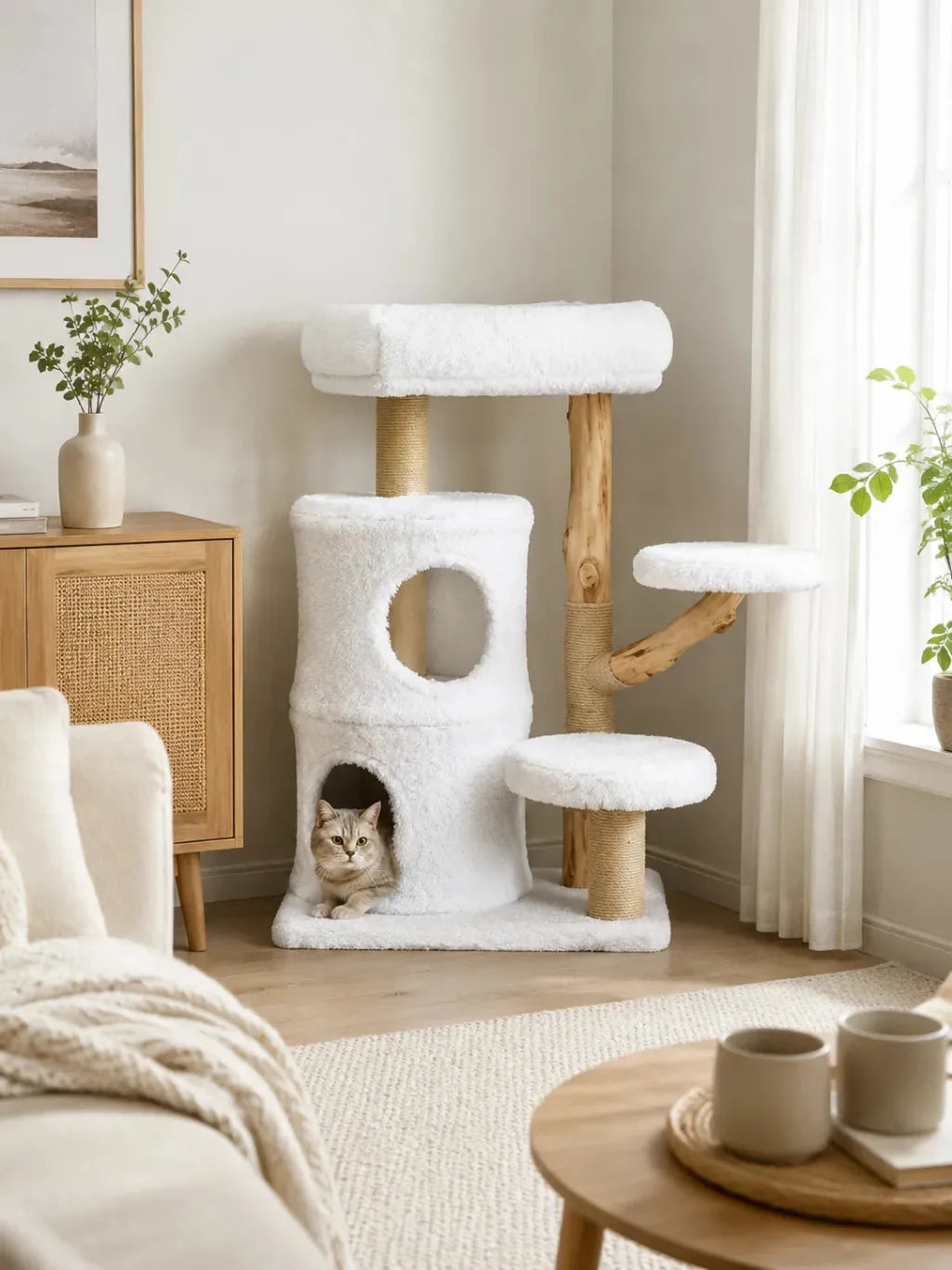 Petit arbre à chat bois naturel Alboria en ambiance salon avec chat dans la niche