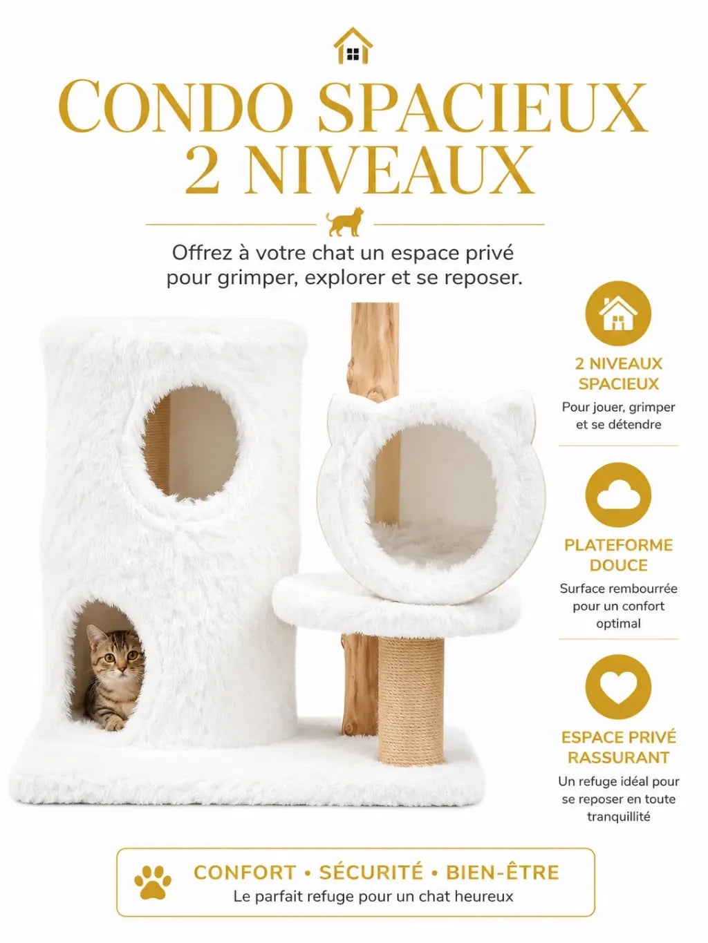 Condo spacieux à deux niveaux du petit arbre à chat bois naturel Alboria