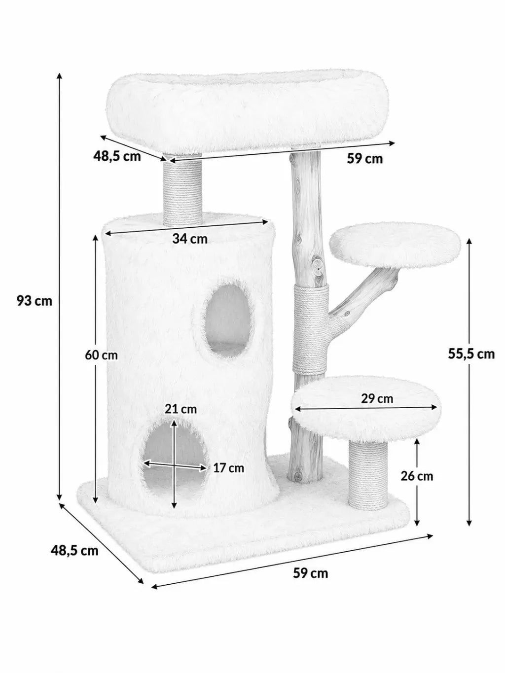 Dimensions 93 cm du petit arbre à chat bois naturel avec niche Alboria