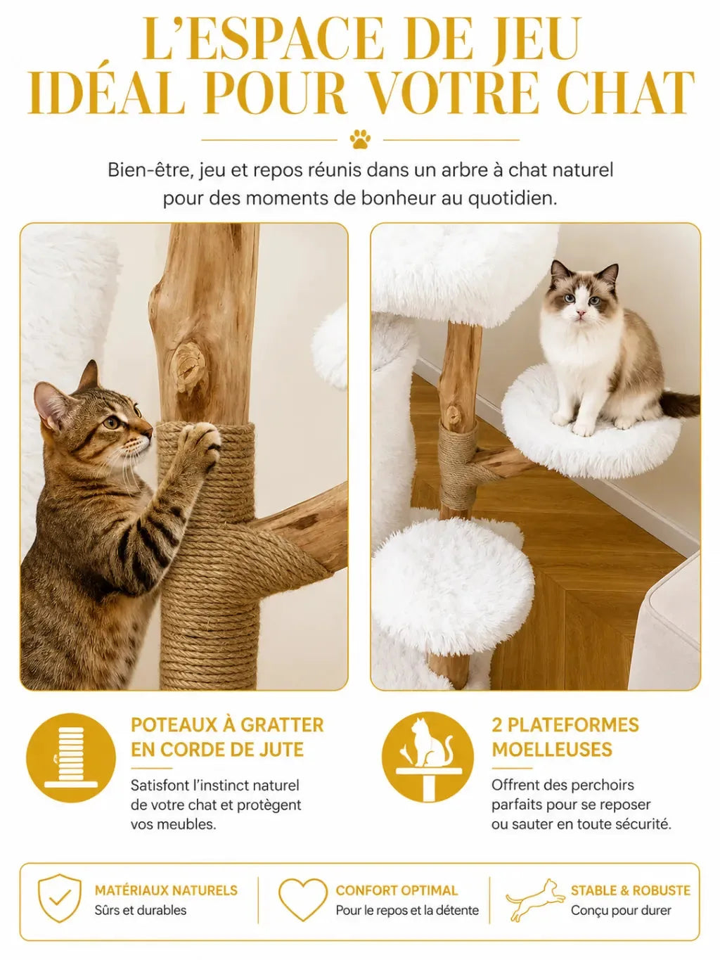 Espace de jeu du petit arbre à chat bois naturel Alboria avec plateformes et jute