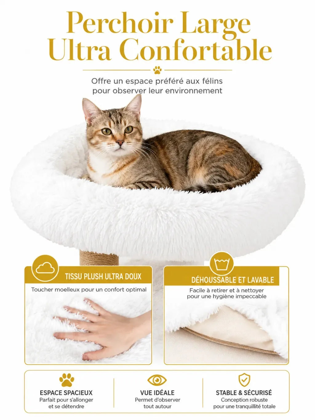 Perchoir large et moelleux du petit arbre à chat bois naturel Alboria