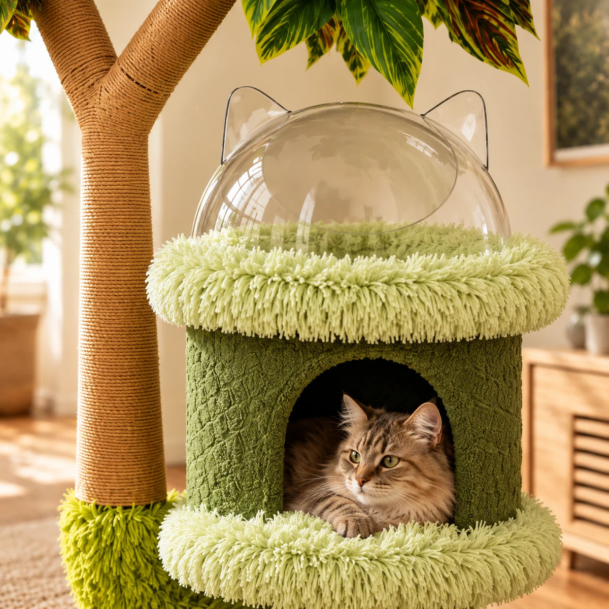 Gros plan du dôme transparent et de la niche occupée par un chat sur l’arbre Dômélia.