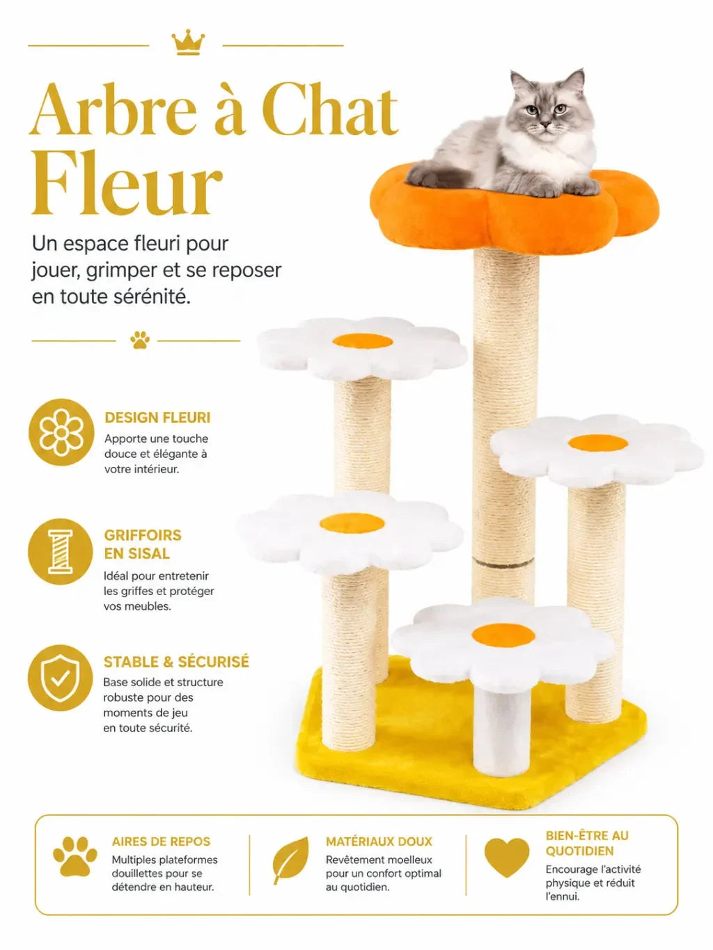 Petit arbre à chat fleur Floravia avec poteaux en sisal et base stable
