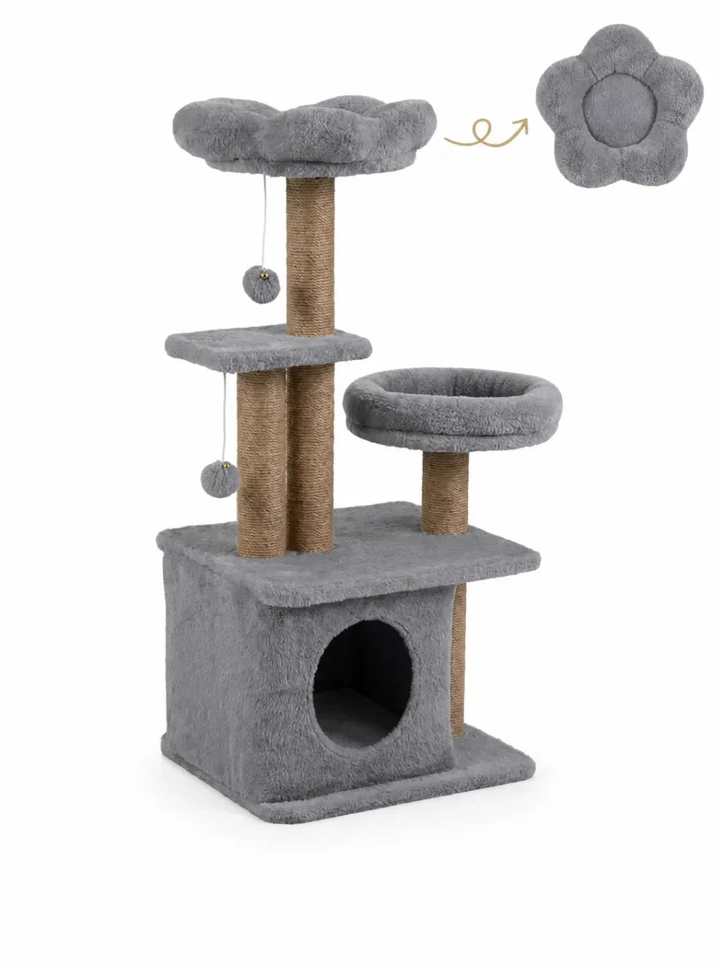 Petit arbre à chat fleur gris Pétalia 96 cm avec niche et paniers