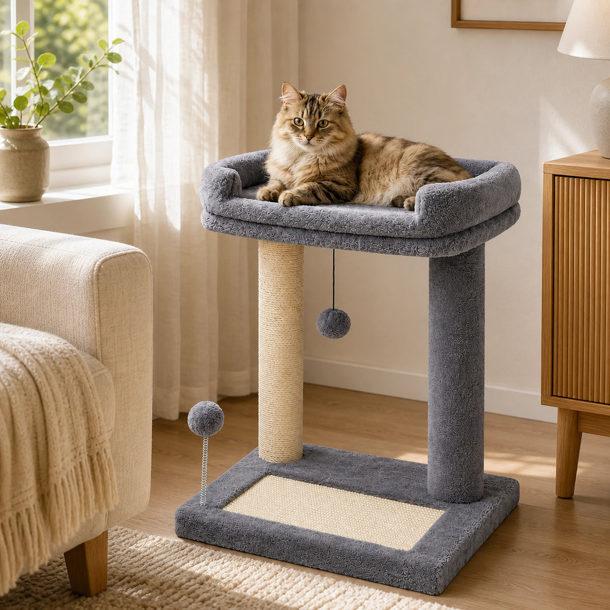 Petit arbre à chat gris Dorlésia de 44 cm dans un salon avec un chat installé dans le lit supérieur