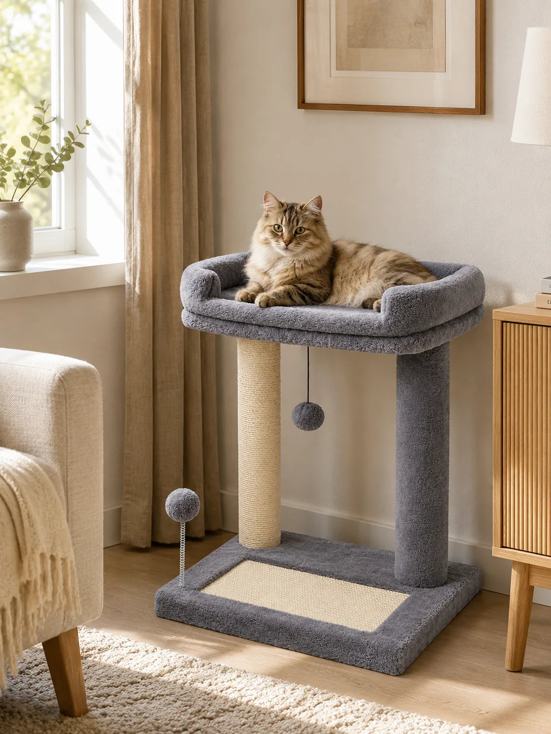 Petit arbre à chat gris Dorlésia installé dans un salon avec son lit supérieur et ses deux griffoirs