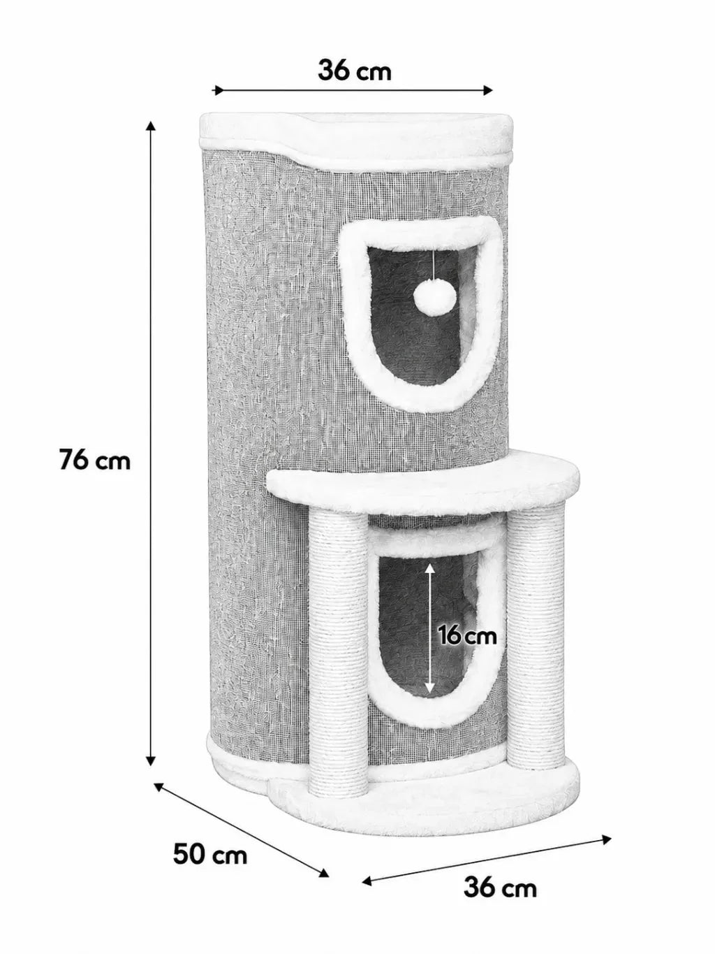 Dimensions du petit arbre à chat gris Duplexia : 50 × 36 × 76 cm avec deux niches