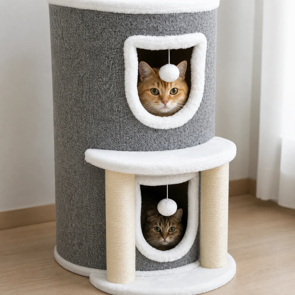 Deux chats installés séparément dans les deux niches du petit arbre à chat gris Duplexia