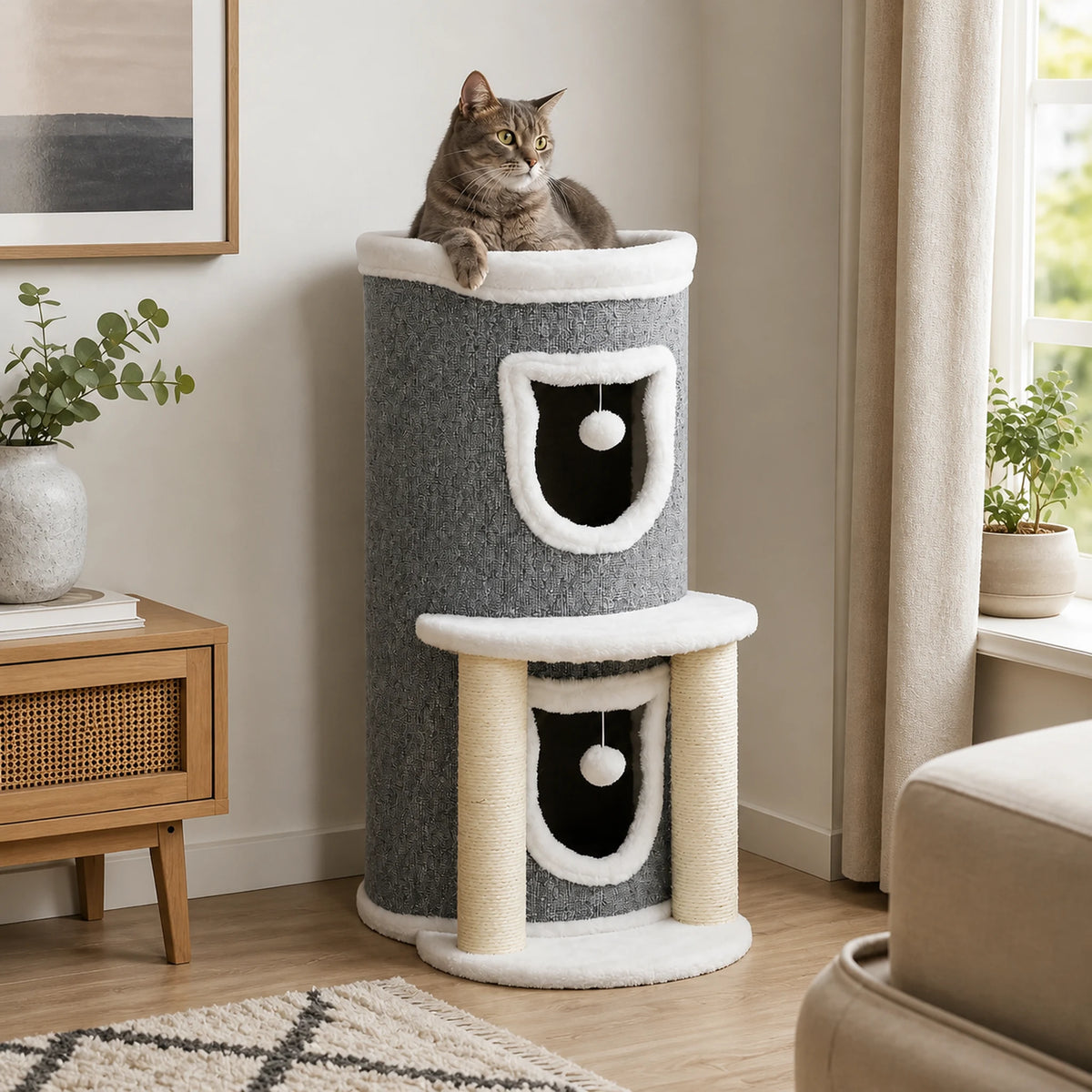 Petit arbre à chat gris Duplexia installé dans un salon avec un chat couché sur le perchoir supérieur