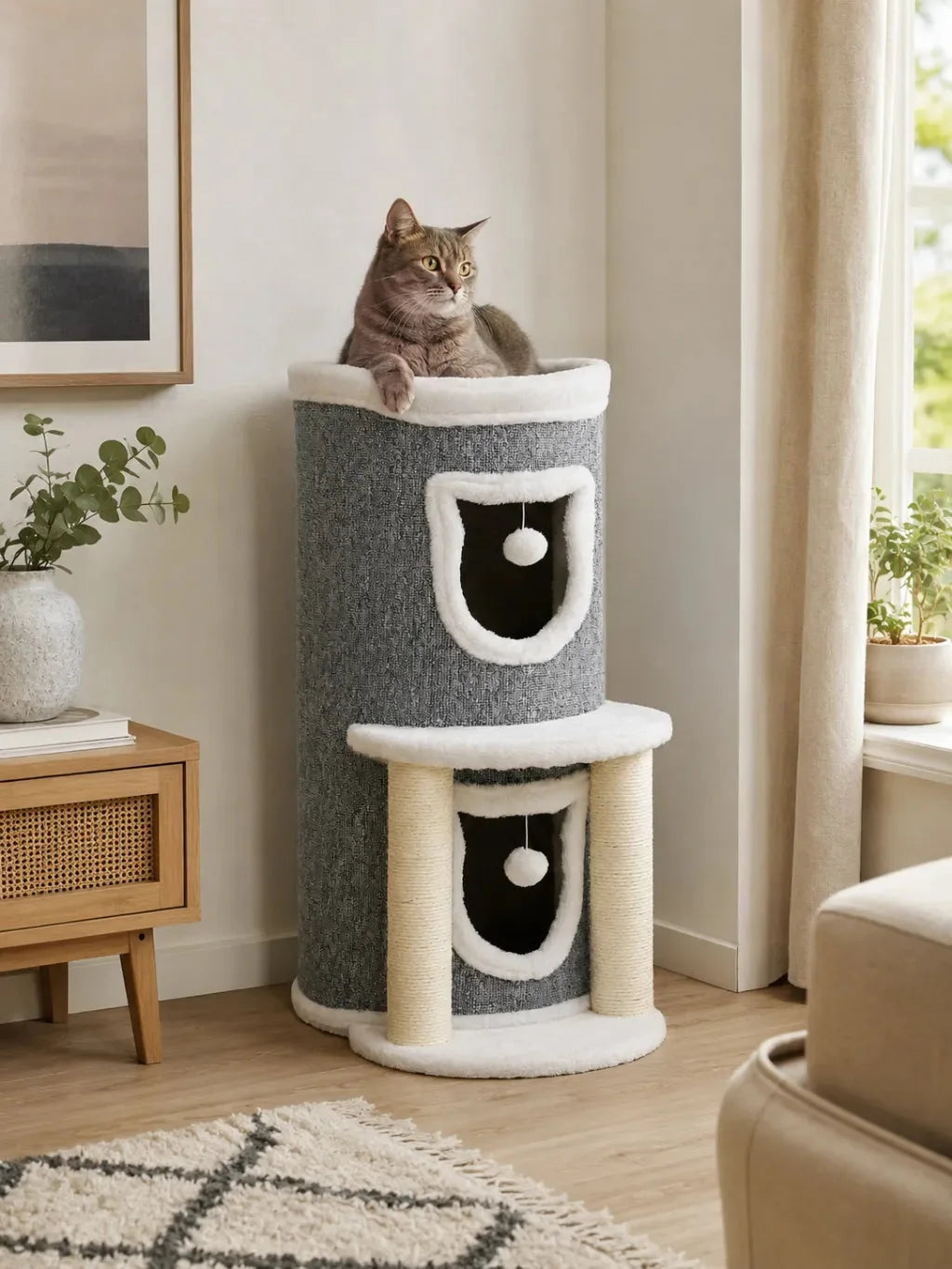 Petit arbre à chat gris Duplexia installé dans un salon avec un chat posé sur le perchoir supérieur