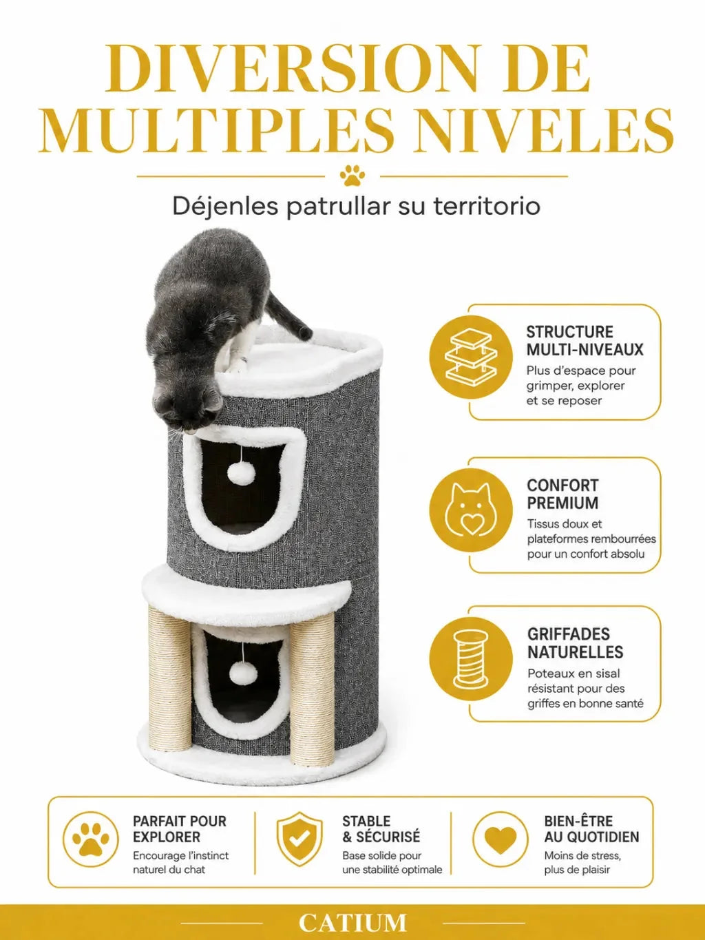 Deux niveaux et surfaces en sisal du petit arbre à chat gris Duplexia pour grimper et griffer