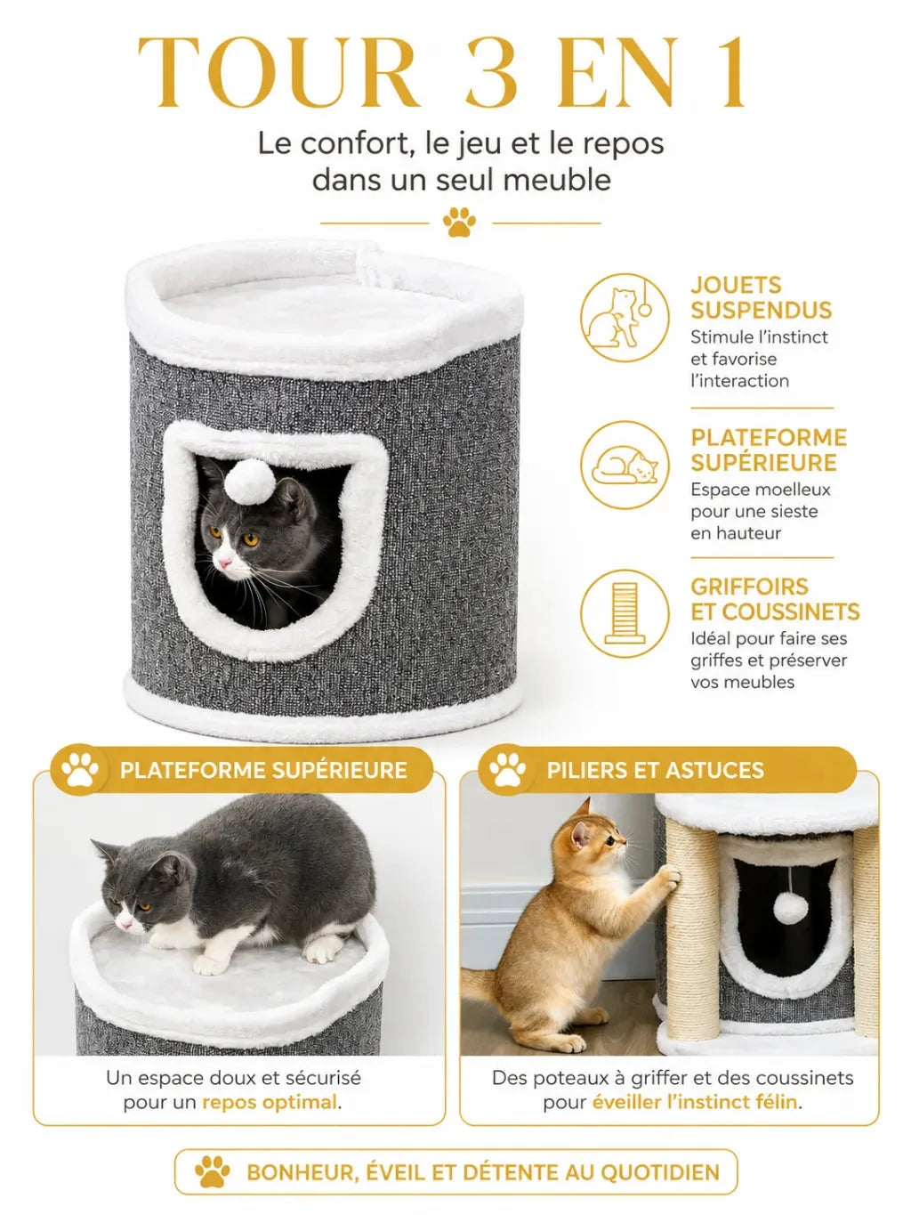 Tour compacte avec perchoir, deux niches et griffoirs du petit arbre à chat gris Duplexia