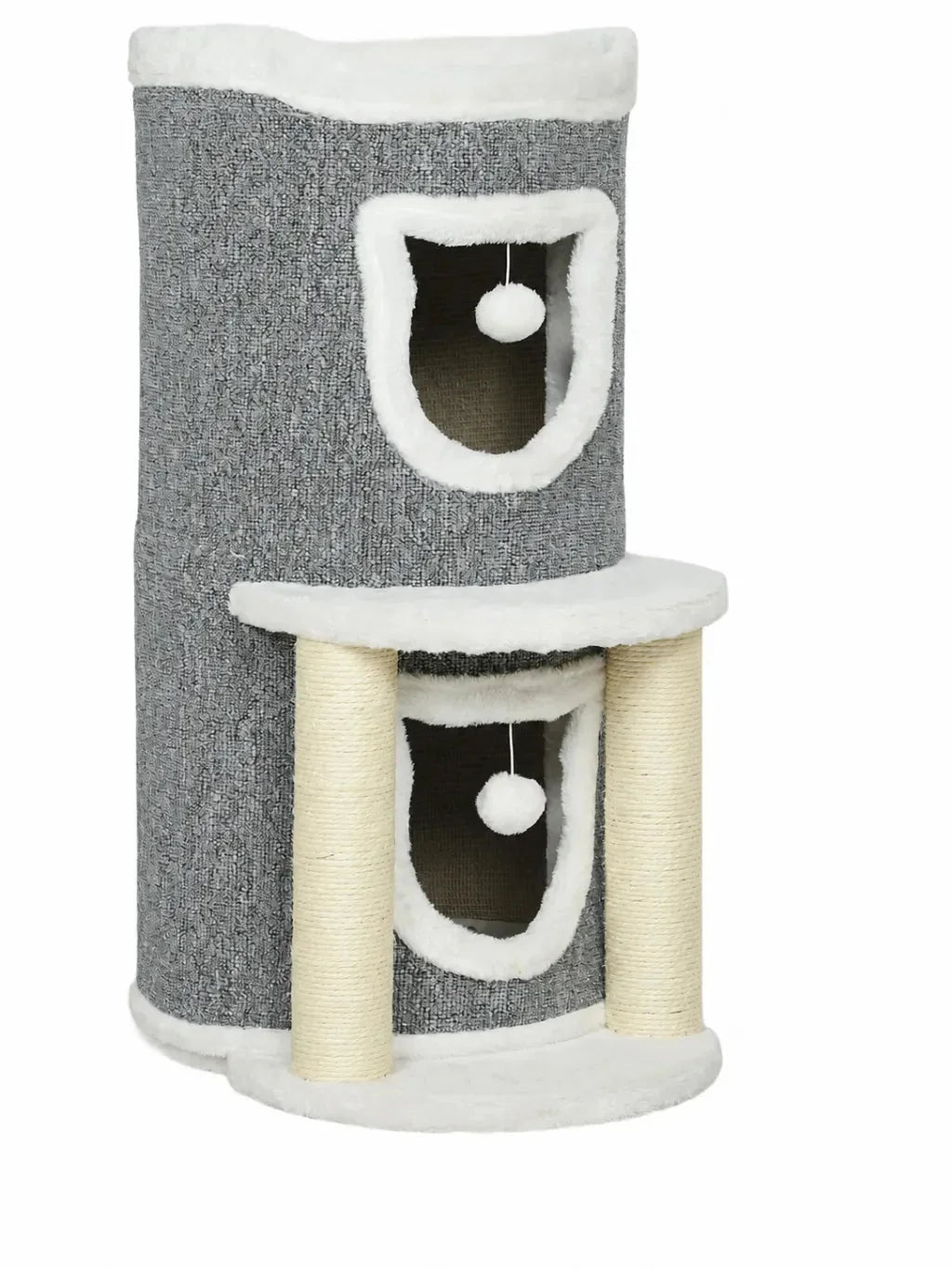 Petit arbre à chat gris Duplexia de 76 cm avec deux niches, perchoir, poteaux en sisal et balles