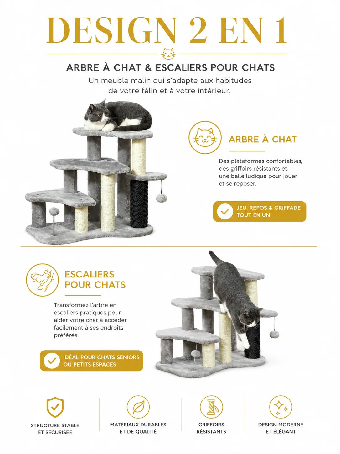 Petit arbre à chat gris Gradélia utilisé comme escalier à trois niveaux par un chat de petit gabarit