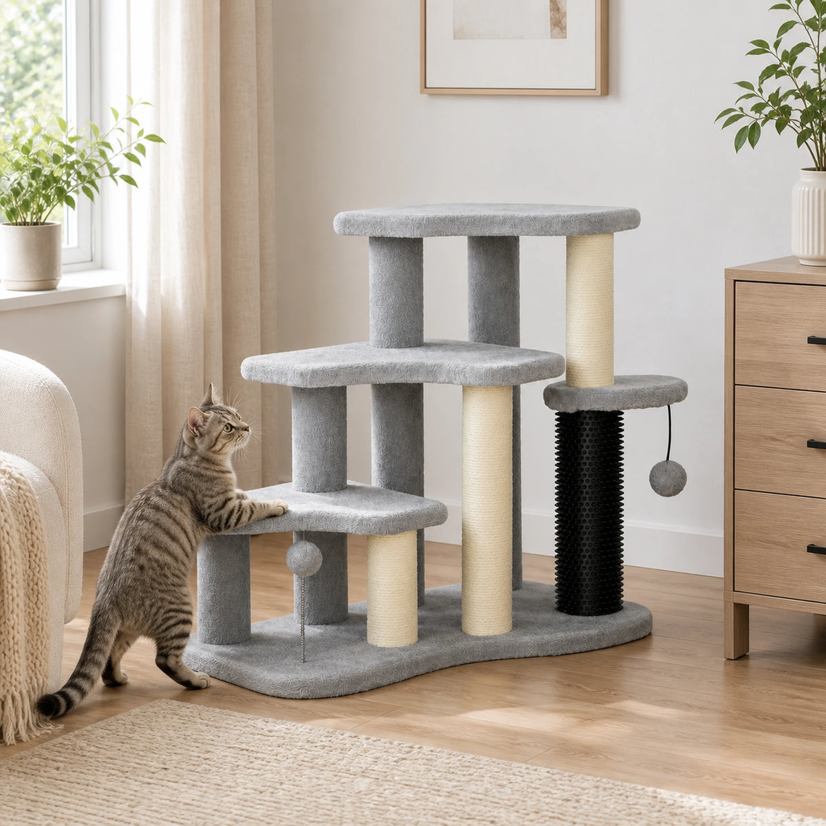 Petit arbre à chat gris Gradélia de 50 cm dans un salon avec un chat montant sur les trois plateformes