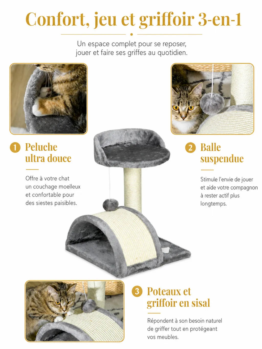 Couchage supérieur du petit arbre à chat gris Griselia en peluche douce