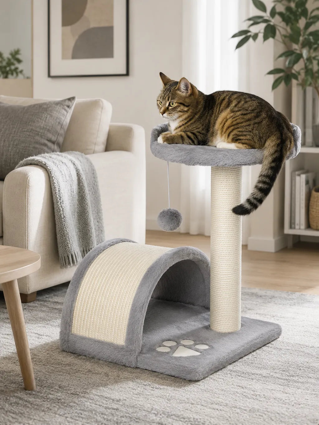 Petit arbre à chat gris Griselia en intérieur pour coin chat compact