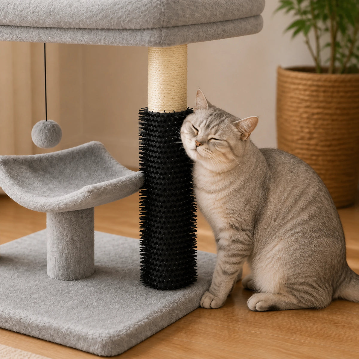 Chat se frottant contre la brosse d’auto-toilettage du petit arbre à chat gris Velouria