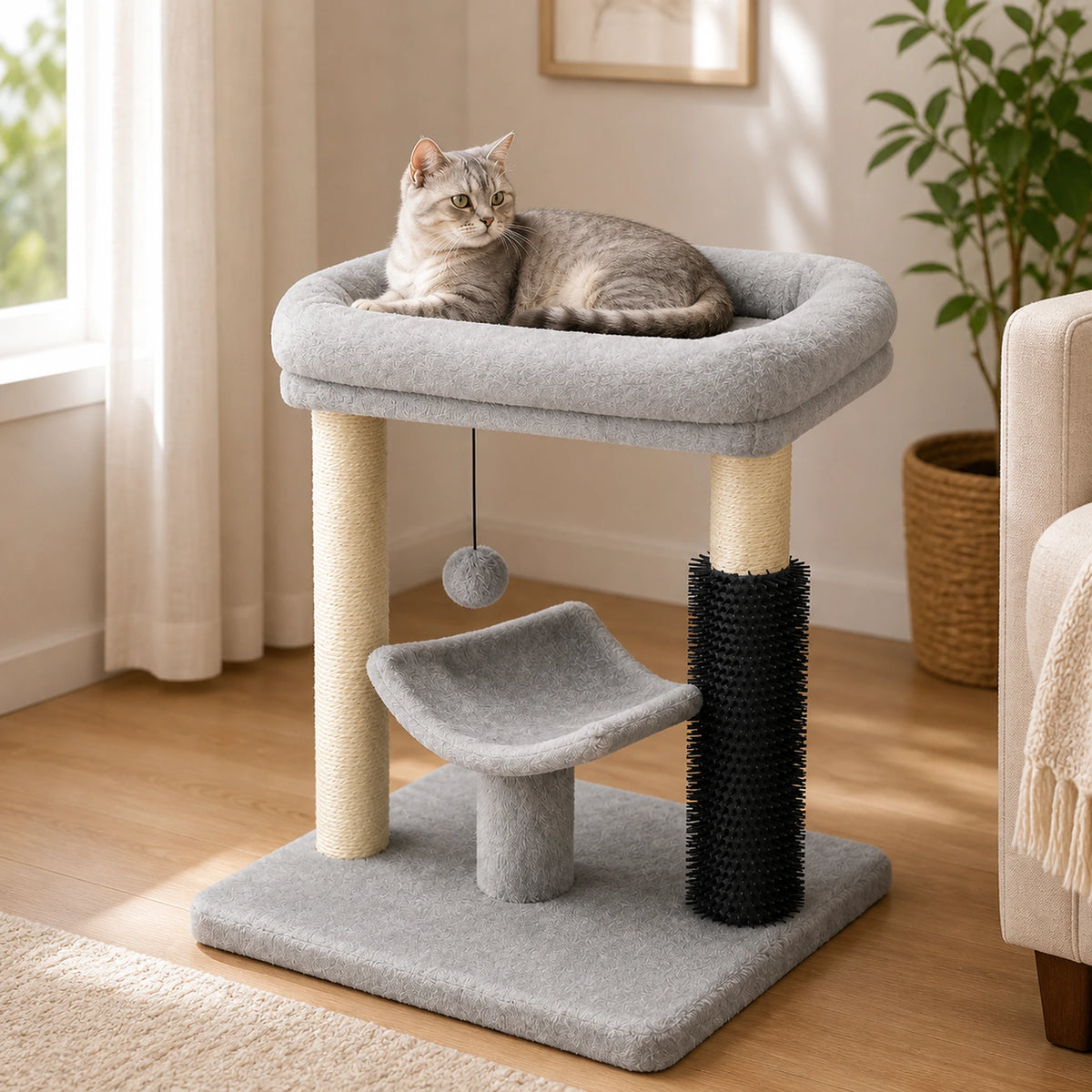 Petit arbre à chat gris Velouria de 48 cm dans un salon avec un chat installé dans le lit supérieur