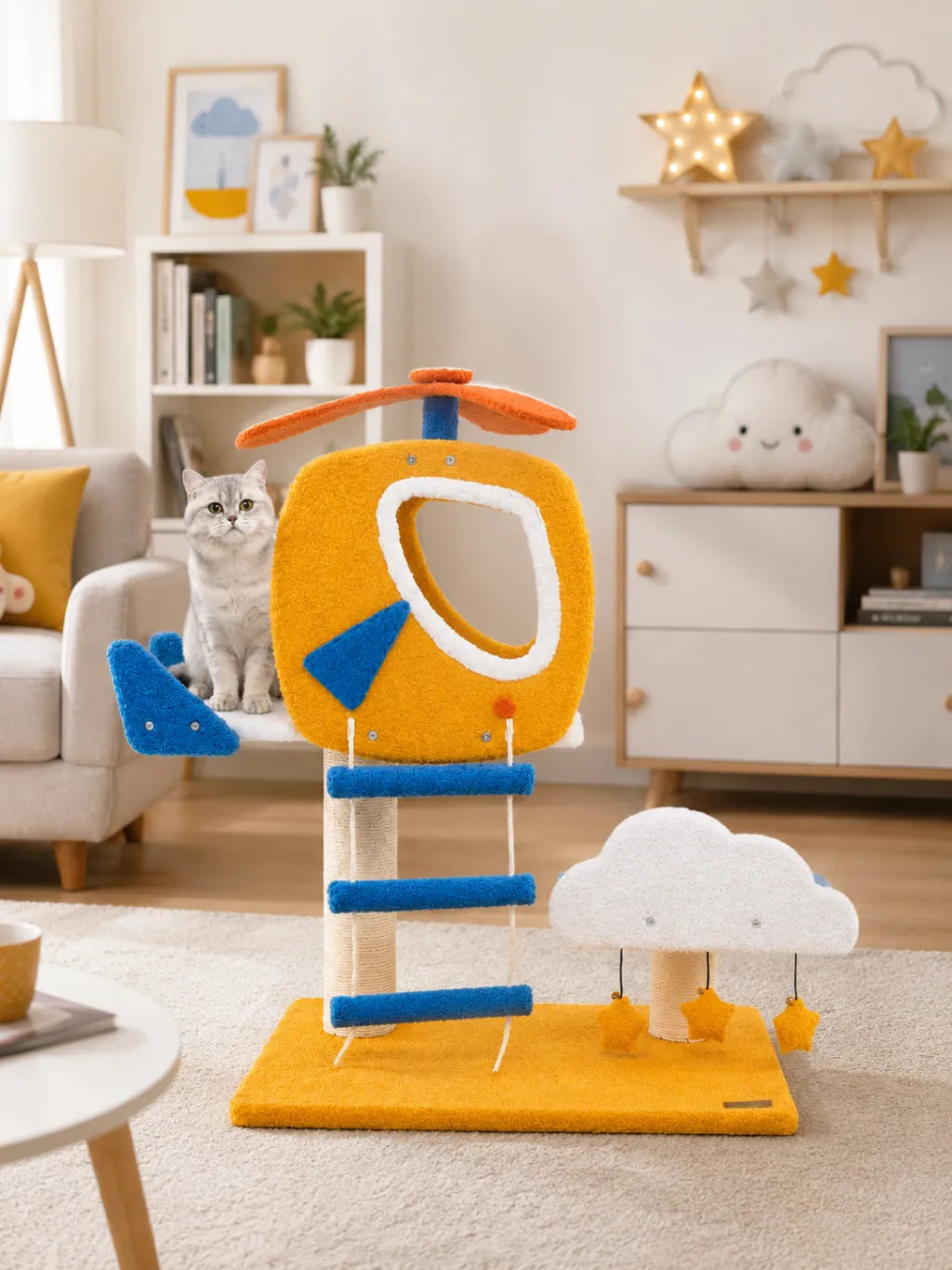 Petit arbre à chat hélicoptère Aérolia installé en intérieur pour chaton ou petit chat