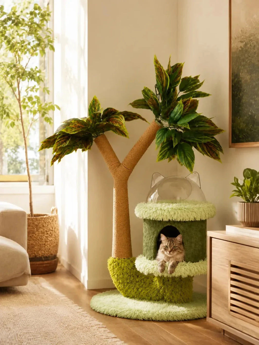 Petit arbre à chat Dômélia installé dans un salon avec un chat dans sa niche rembourrée.