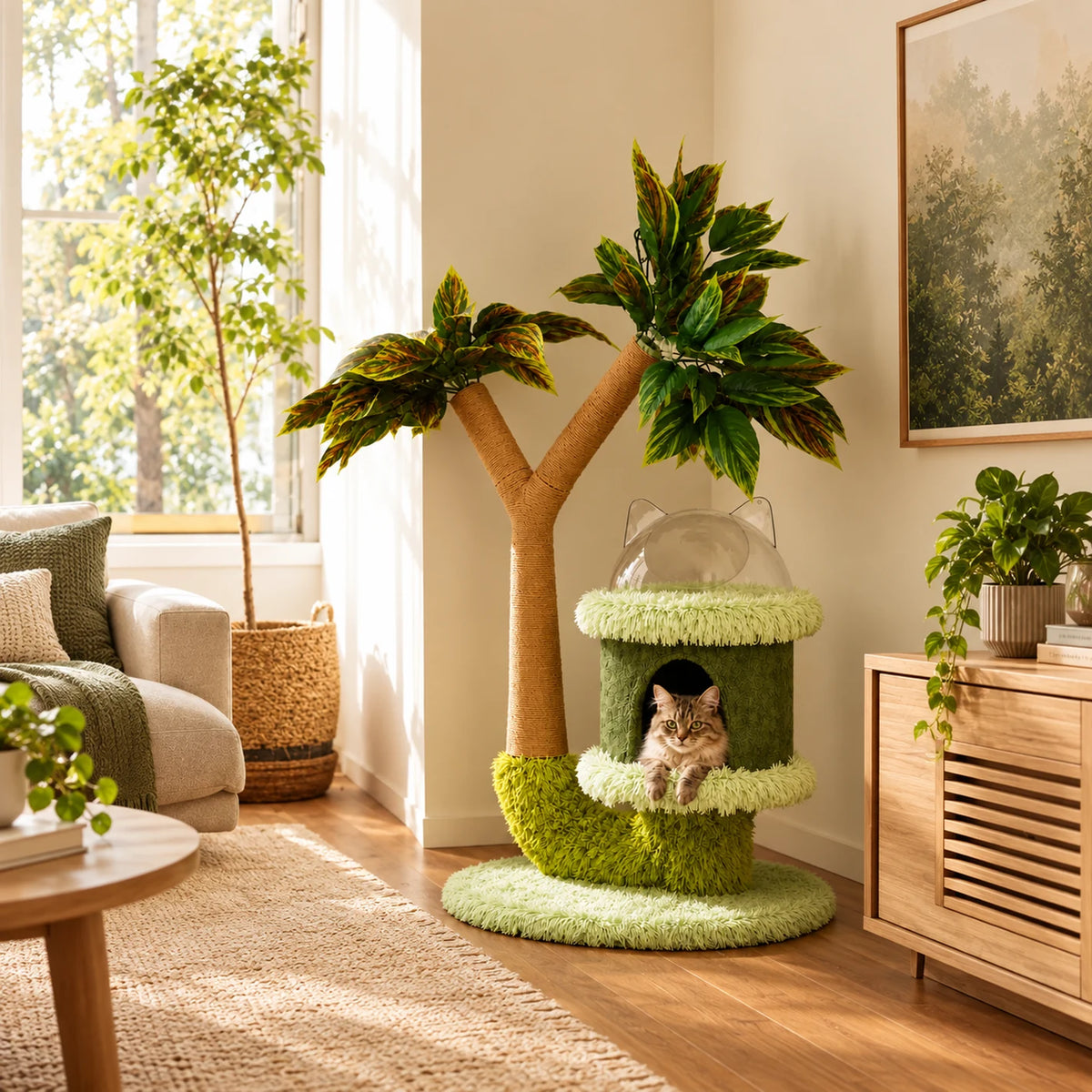 Petit arbre à chat manguier Dômélia intégré dans un salon lumineux avec un chat dans la niche.