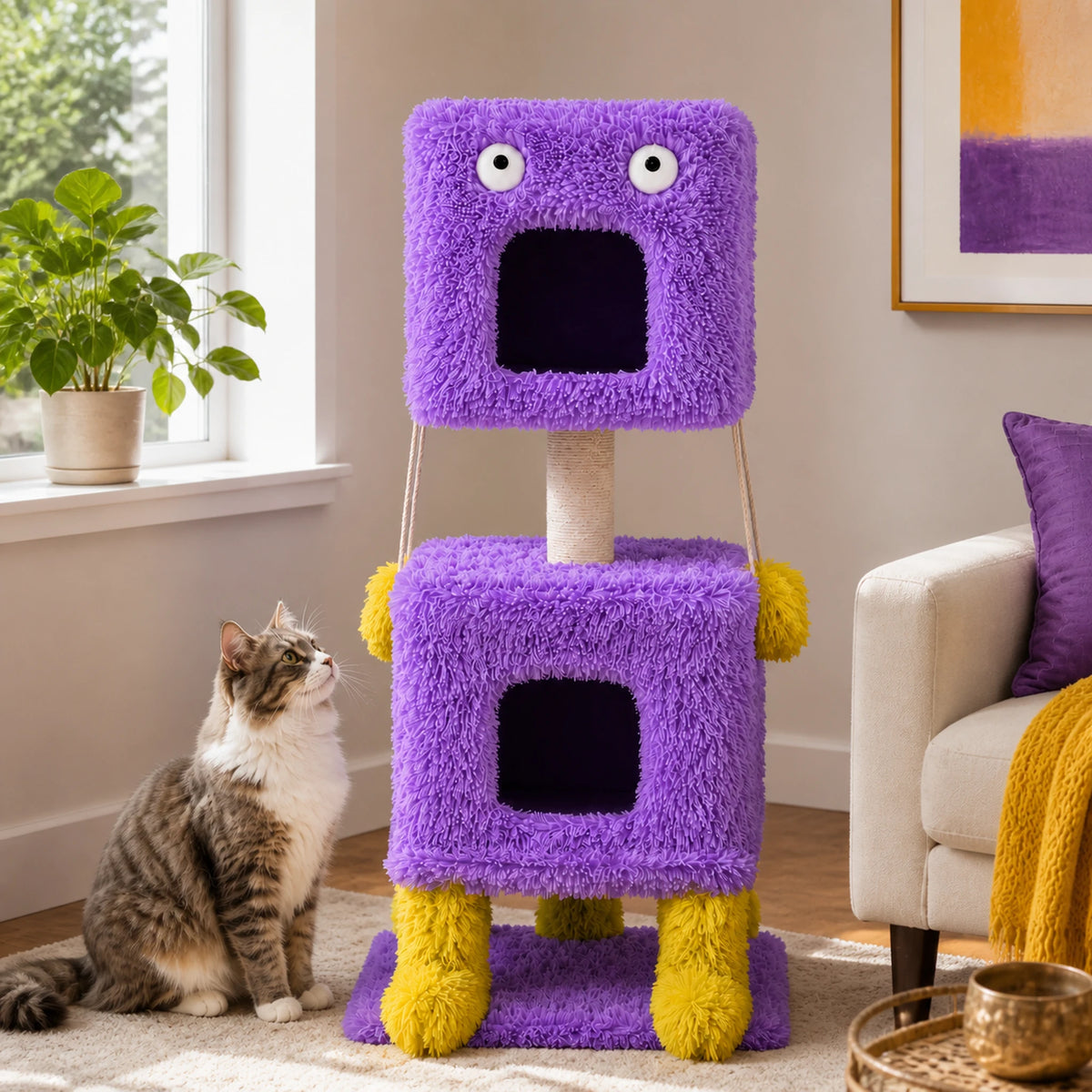 Petit arbre à chat monstre violet Monstrélia dans un salon, avec deux niches en peluche et un chat