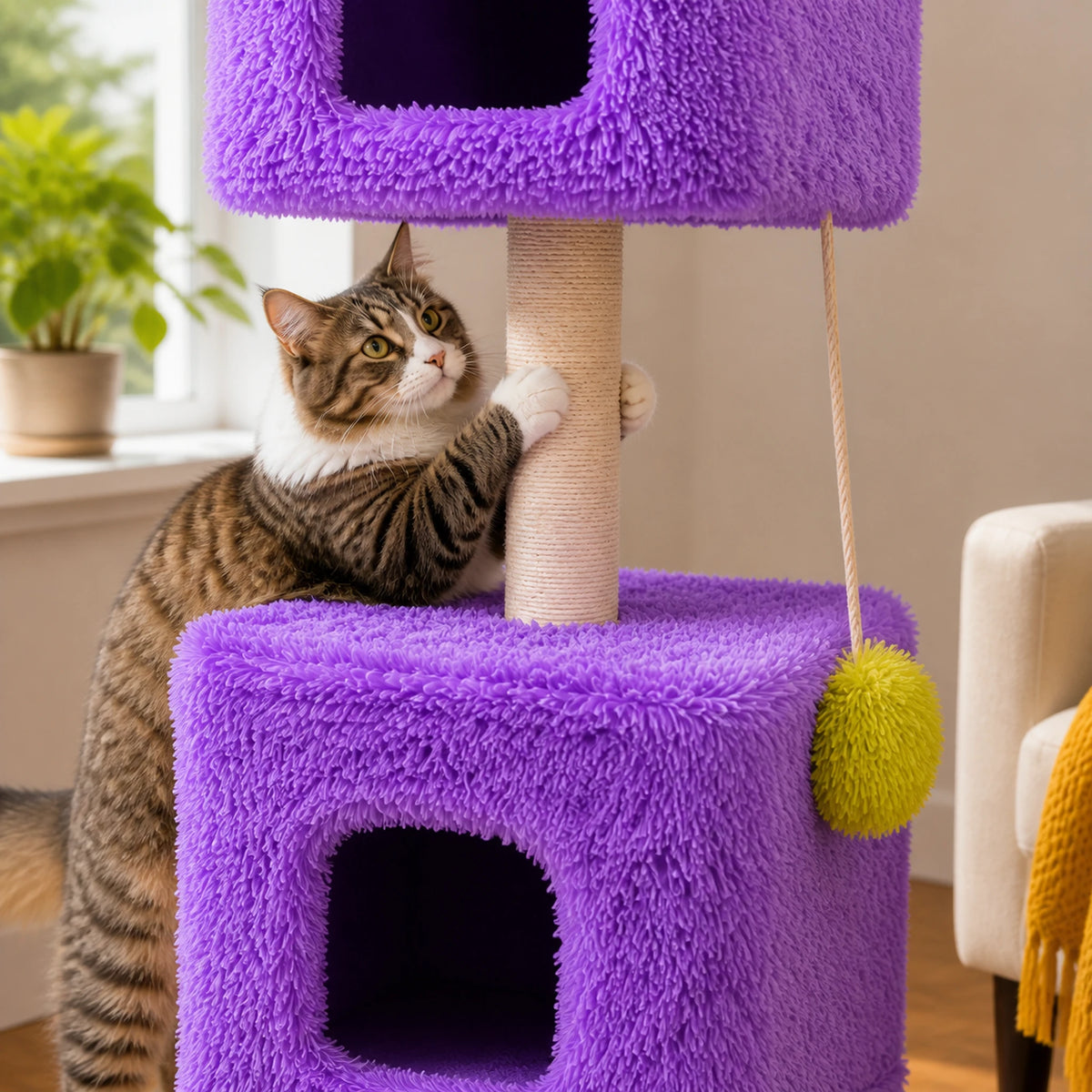 Chat utilisant le poteau en sisal naturel de l’arbre à chat monstre violet Monstrélia entre ses deux niches
