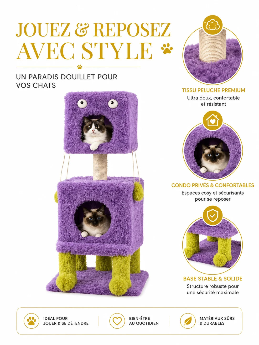 Petit arbre à chat Monstrélia avec deux niches violettes en peluche, un poteau en sisal et deux chats